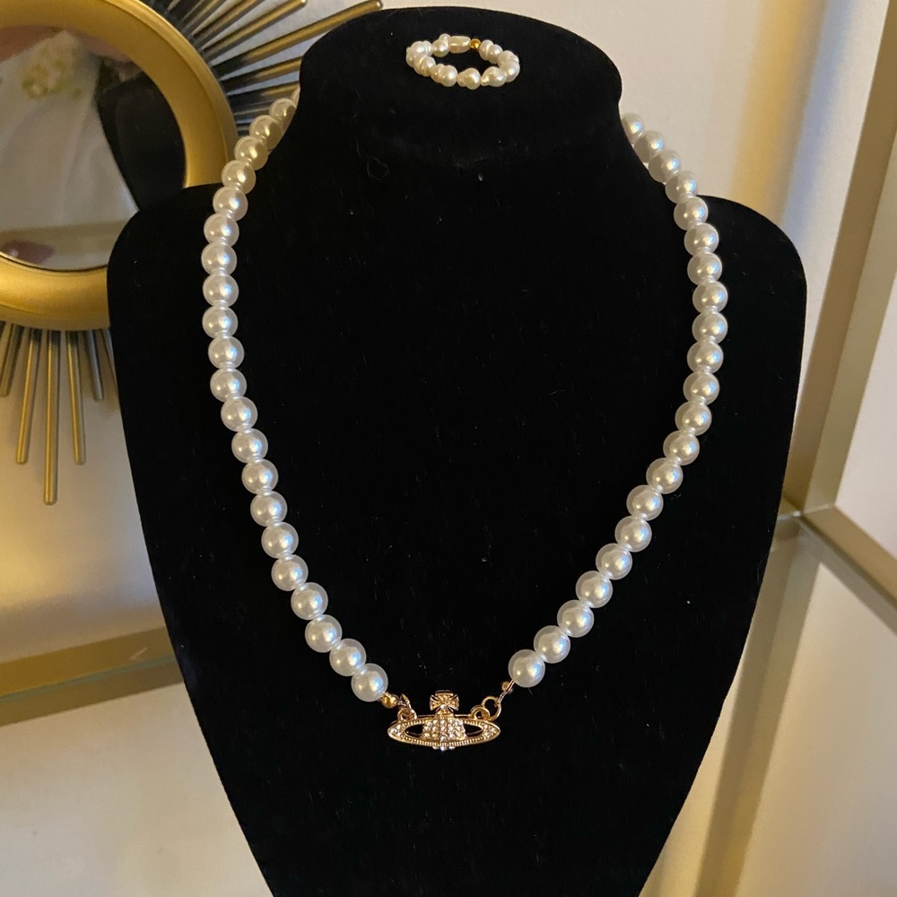 pearl planet choker necklace with  beaded pearl ring
